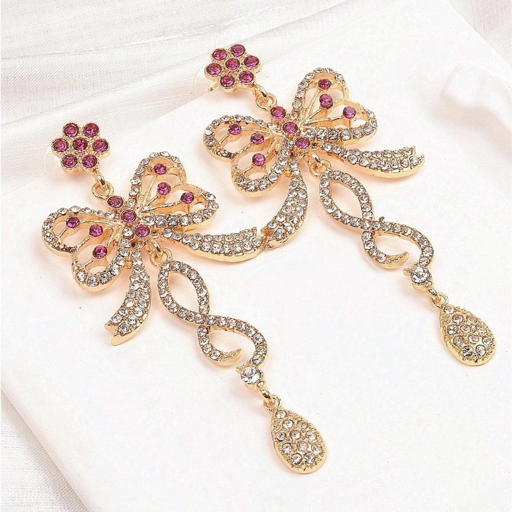 Christmas Bow Earrings, Rhinestone Bow Earrings, Bow and Flower Earrings